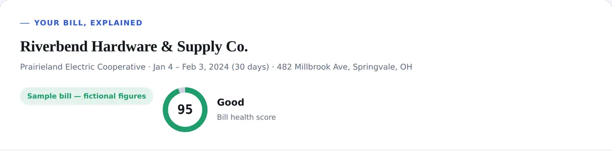 An actual Certo report header showing a bill health score, generated the same way for gas bills as electric bills