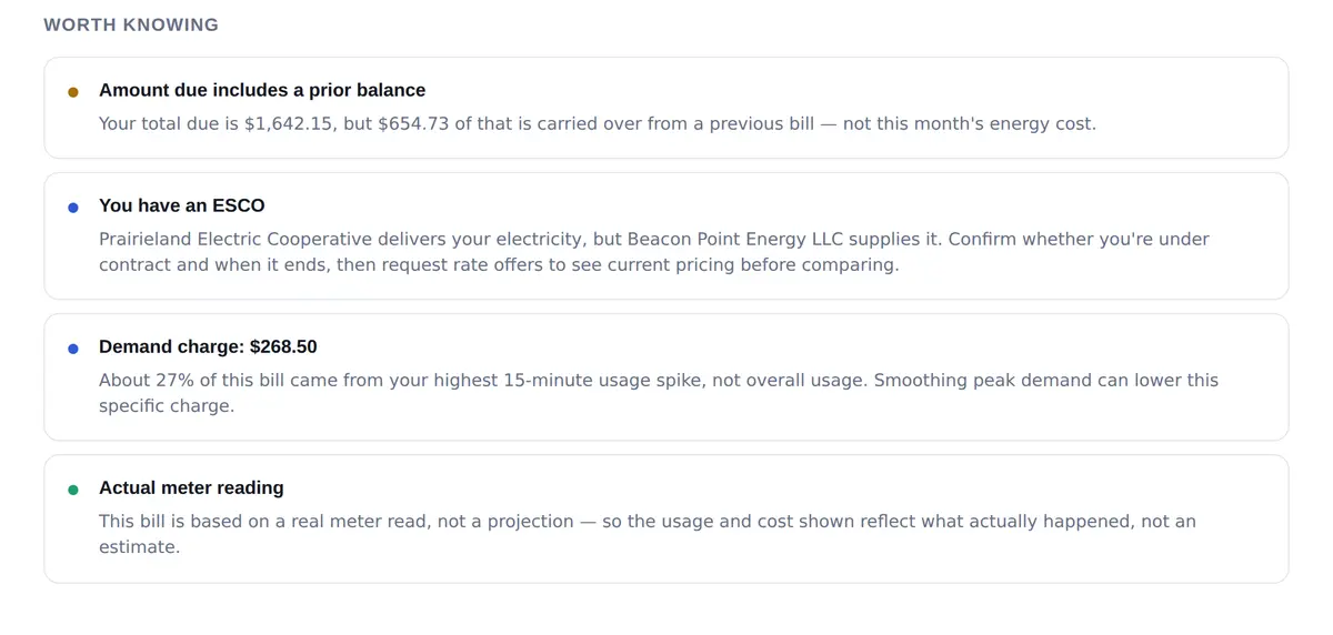 A real Certo report flagging four things worth knowing on a bill: a prior balance folded into the total due, an ESCO supplying the electricity, a $268.50 demand charge, and an actual (not estimated) meter reading