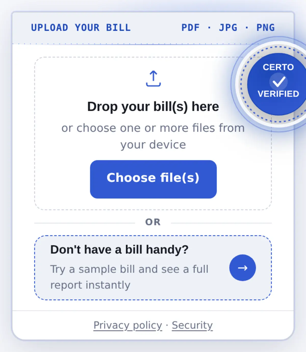 The Certo upload screen: drop a bill in as a PDF, JPG, or PNG, or try a sample bill and see a full report instantly